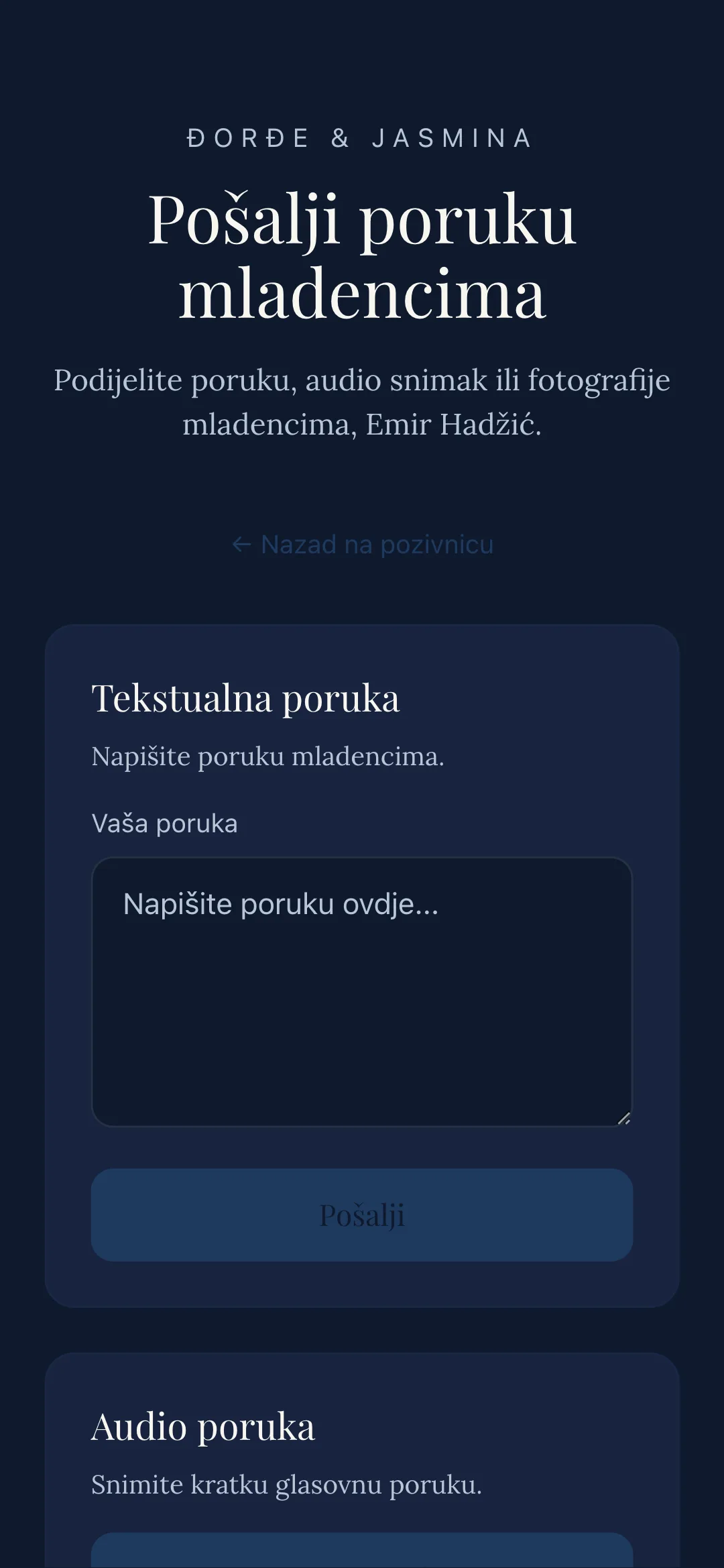 Screenshot stranice za slanje poruke gostiju na telefonu