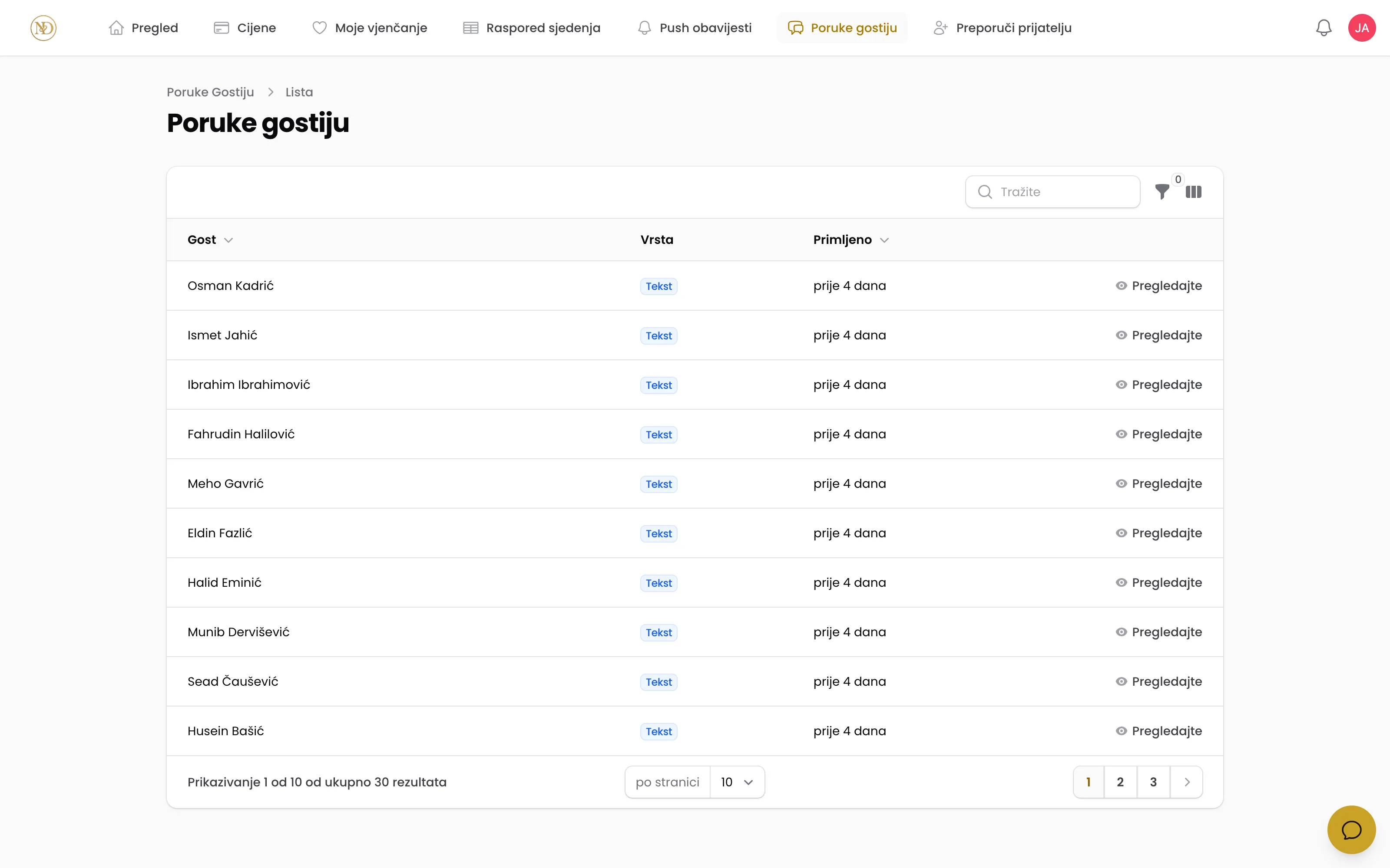 Screenshot sandučeta poruka gostiju u NasDan panelu